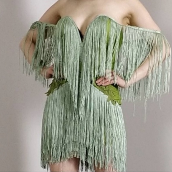 Fringe strapless green mini dress flapper style - Picture 1 of 8